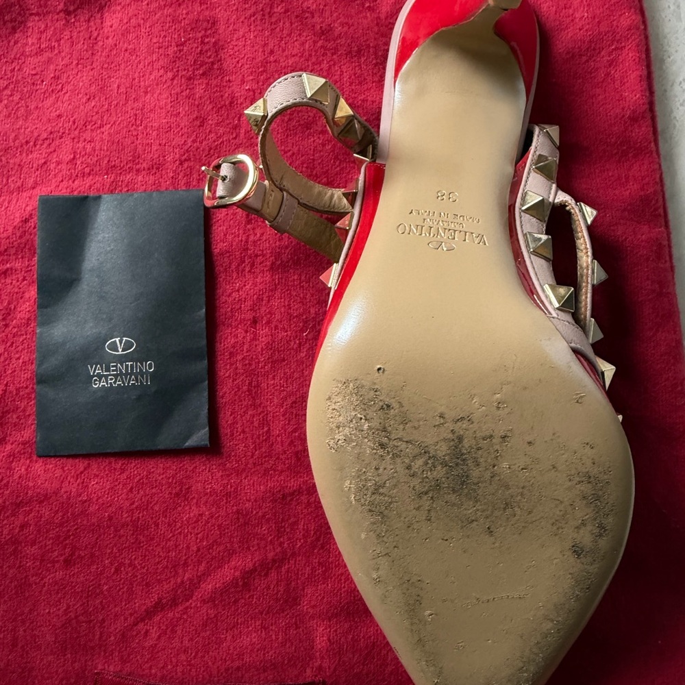 Valentino Garavani Red Patent Rockstud T-Strap Pumps with Nude Trim with bag - Picture 9 of 14